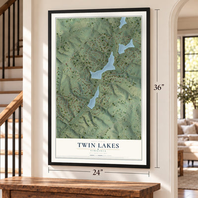 Twin Lakes, Virginia map, 24 x 36 inch print in a black frame by a staircase