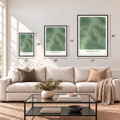 Union Level, Virginia map in 12 x 18, 18 x 24 and 24 x 36 inch sizes above a sofa