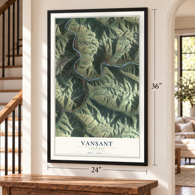 Vansant, Virginia map, 24 x 36 inch print in a black frame by a staircase
