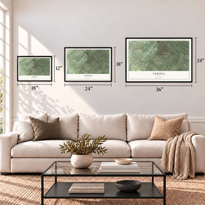 Verona, Virginia map in 12 x 18, 18 x 24 and 24 x 36 inch sizes above a sofa