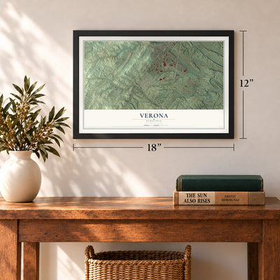 Verona, Virginia map, 12 x 18 inch print in a black frame in an entryway