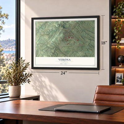 Verona, Virginia map, 18 x 24 inch print in a black frame in a home office