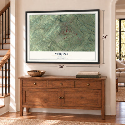 Verona, Virginia map, 24 x 36 inch print in a black frame above a dresser by a staircase