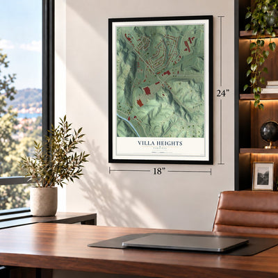 Villa Heights, Virginia map, 18 x 24 inch print in a black frame in a home office