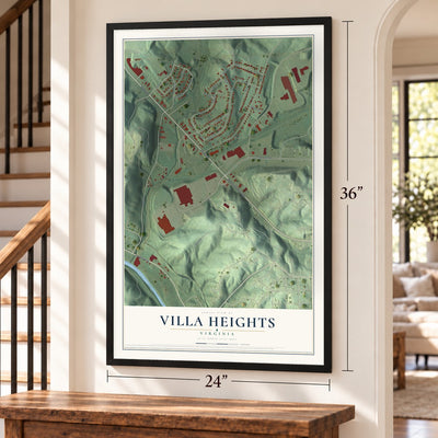 Villa Heights, Virginia map, 24 x 36 inch print in a black frame by a staircase
