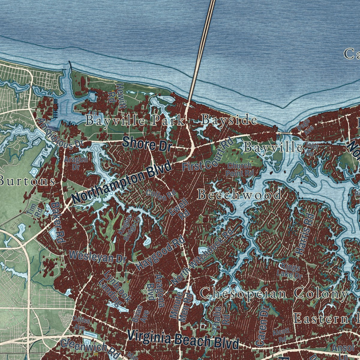 Close-up of the map of Virginia Beach, Virginia print showing street and building detail