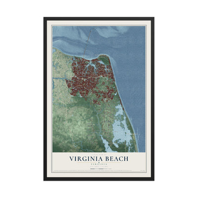 Map of Virginia Beach, Virginia, 12 x 18 inch print in a black wood frame