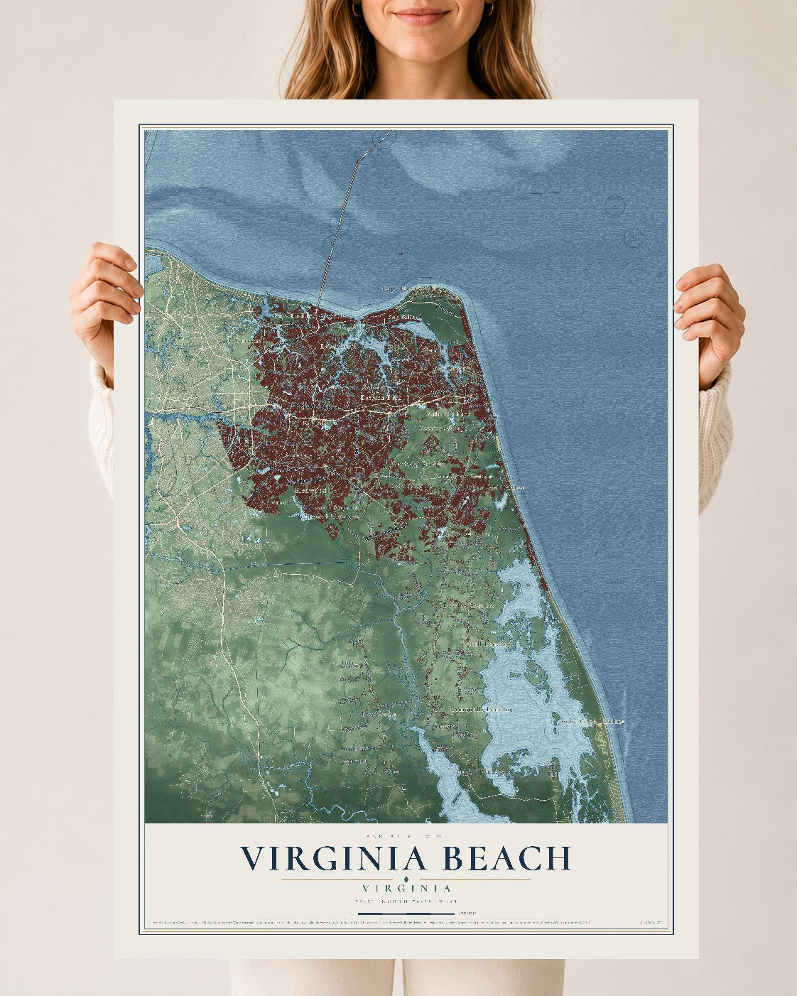 Map of Virginia Beach, Virginia, 24 x 36 inch unframed archival matte print