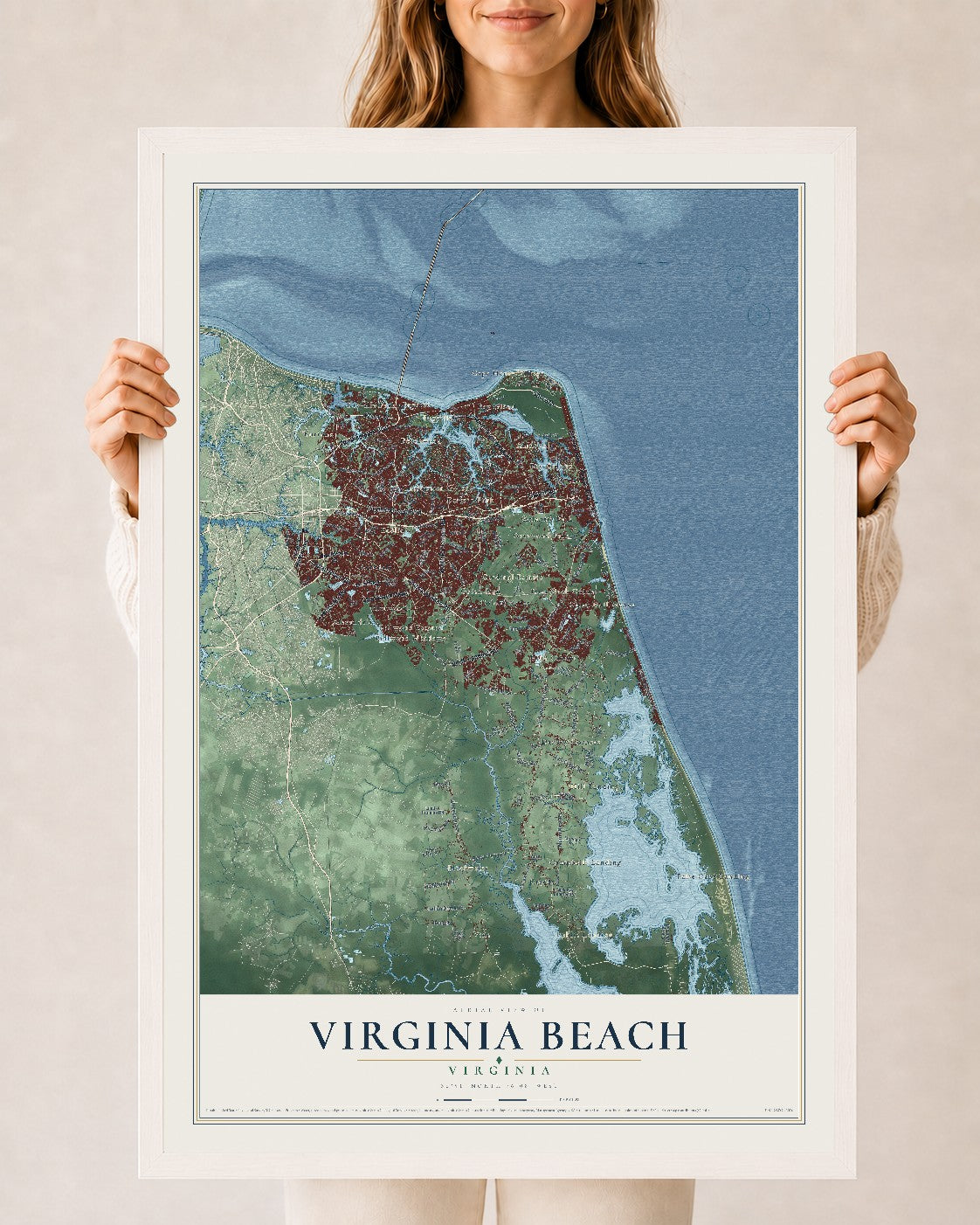 Map of Virginia Beach, Virginia, 24 x 36 inch print in a white wood frame