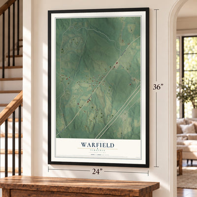 Warfield, Virginia map, 24 x 36 inch print in a black frame by a staircase