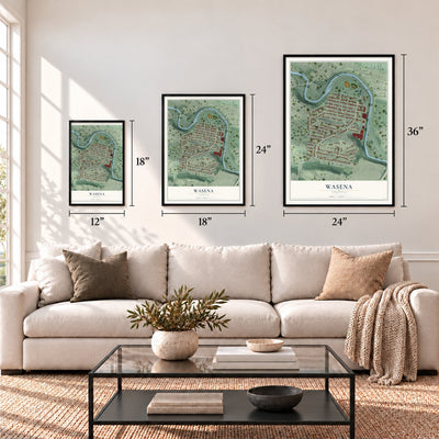 Wasena, Virginia map in 12 x 18, 18 x 24 and 24 x 36 inch sizes above a sofa
