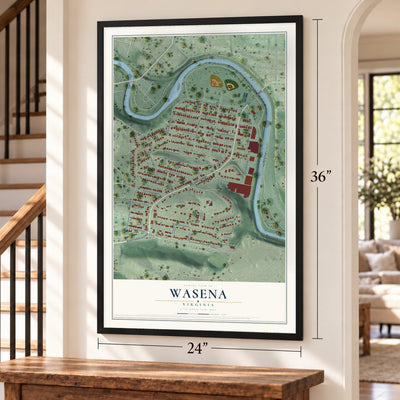 Wasena, Virginia map, 24 x 36 inch print in a black frame by a staircase