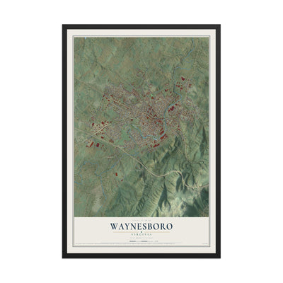 Map of Waynesboro, Virginia, 12 x 18 inch print in a black wood frame