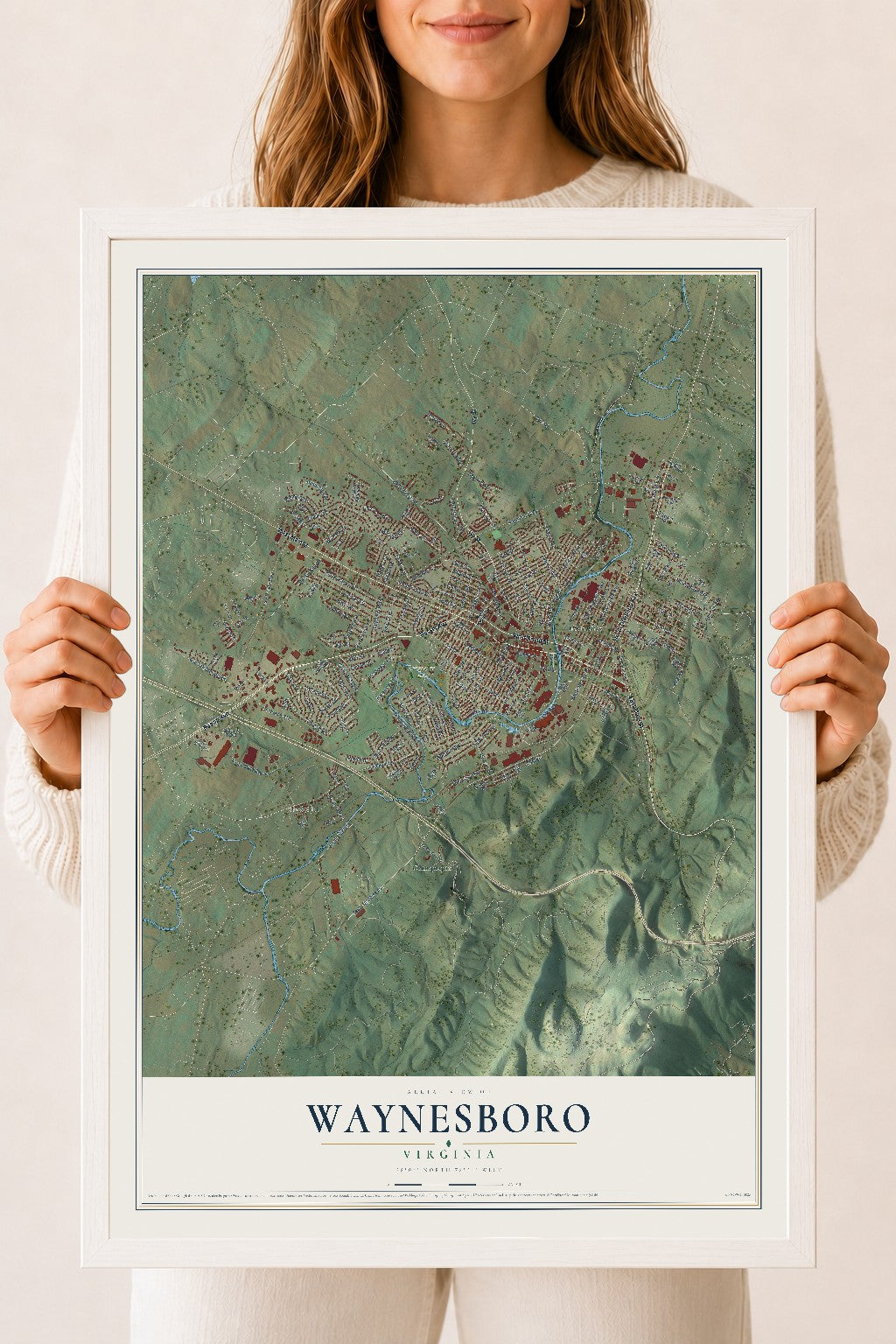 Map of Waynesboro, Virginia, 18 x 24 inch print in a white wood frame