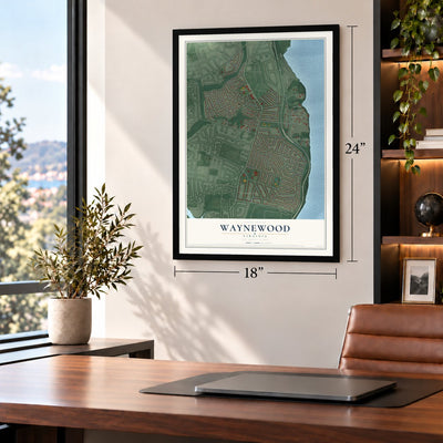 Waynewood, Virginia map, 18 x 24 inch print in a black frame in a home office