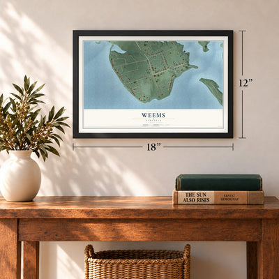 Weems, Virginia map, 12 x 18 inch print in a black frame in an entryway