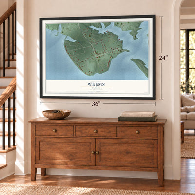 Weems, Virginia map, 24 x 36 inch print in a black frame above a dresser by a staircase