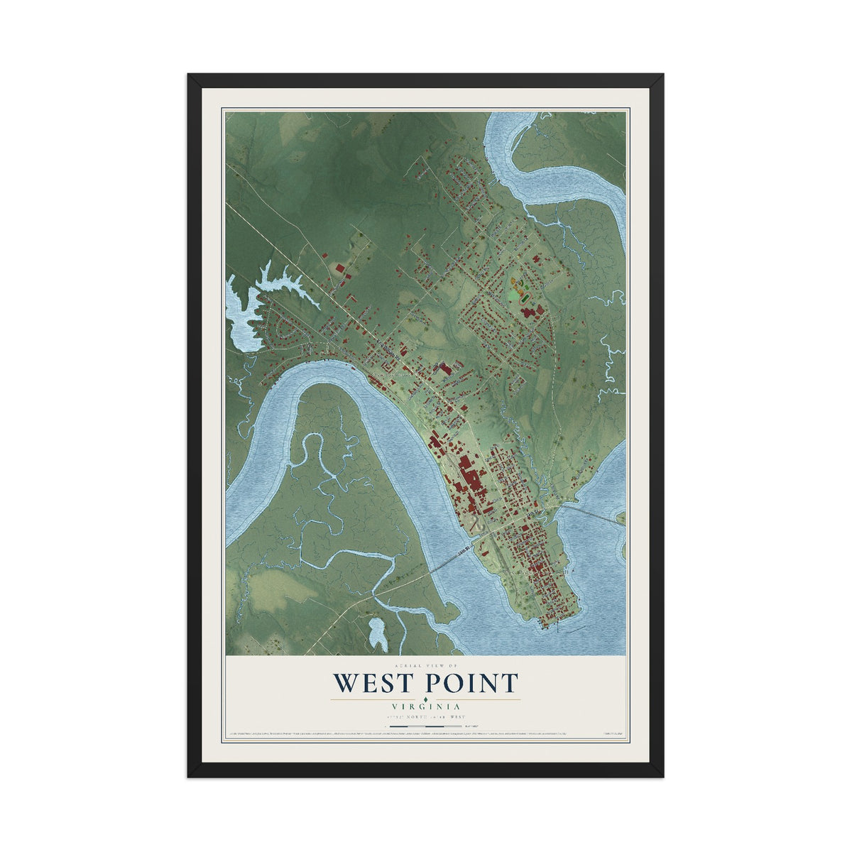 Map of West Point, Virginia, 12 x 18 inch print in a black wood frame
