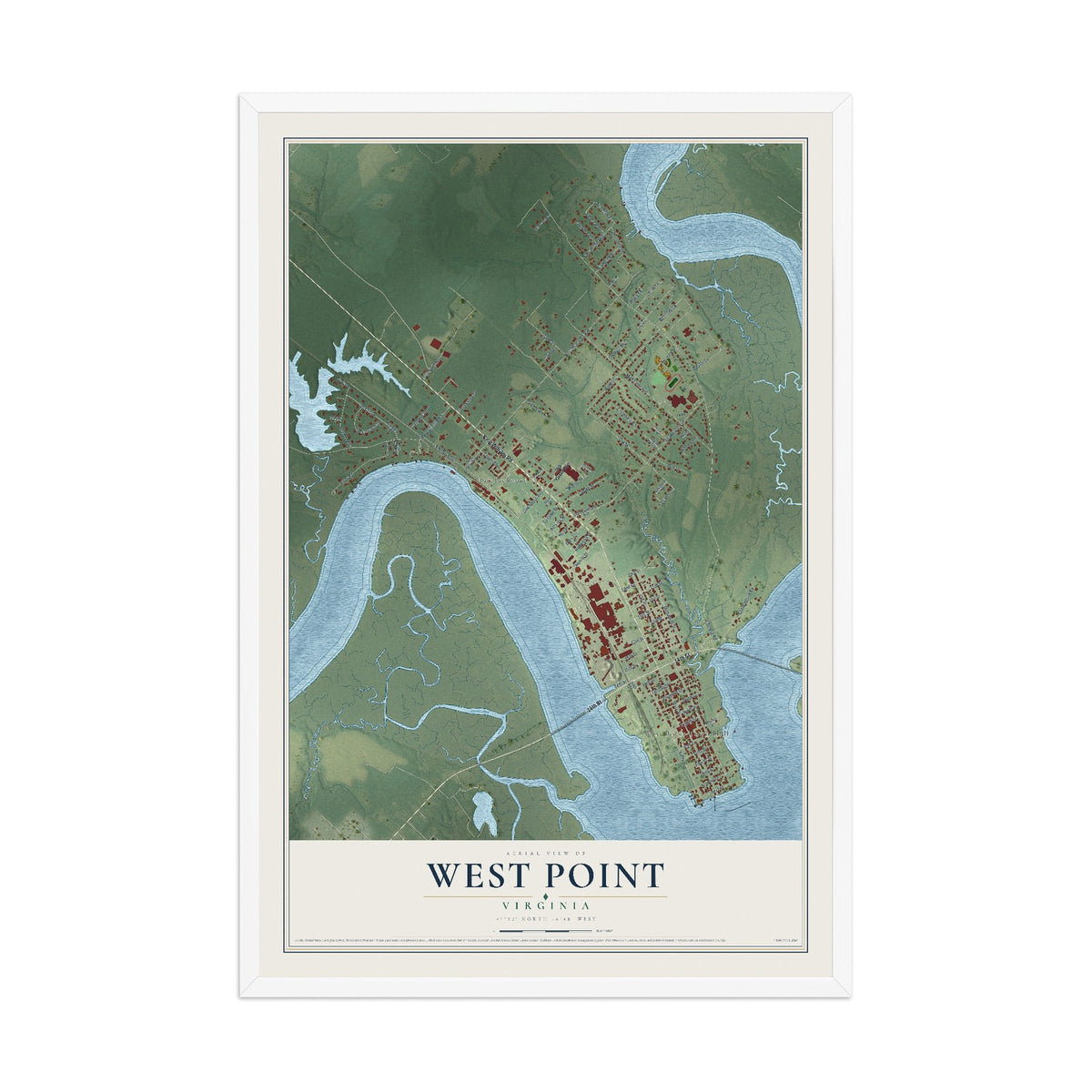 Map of West Point, Virginia, 12 x 18 inch print in a white wood frame