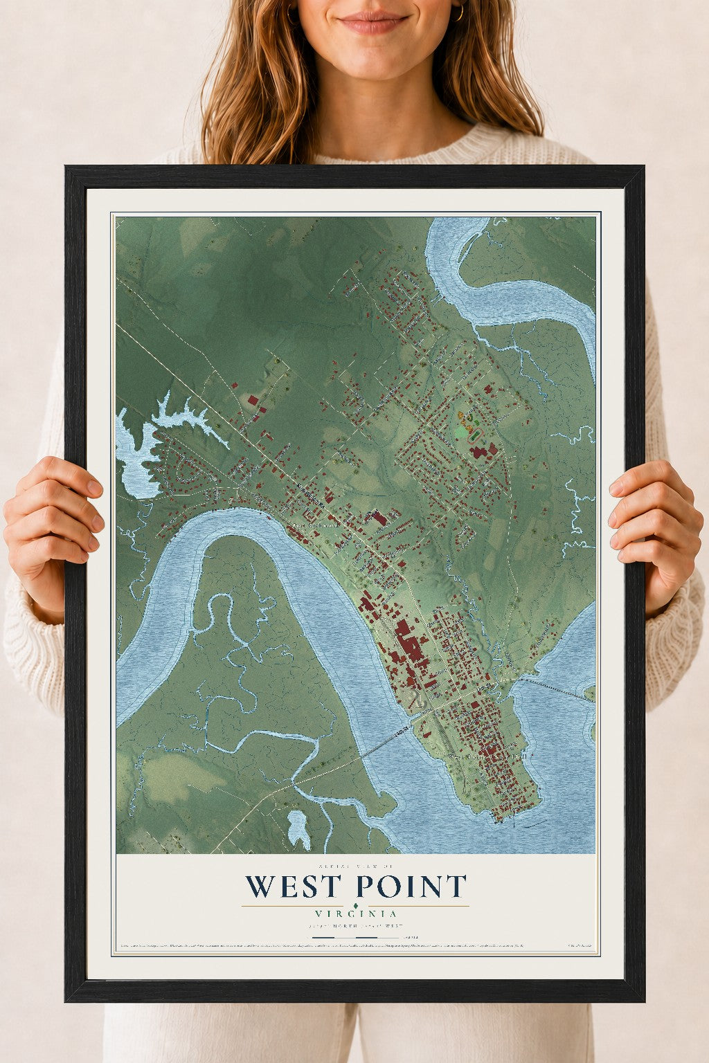 Map of West Point, Virginia, 18 x 24 inch print in a black wood frame