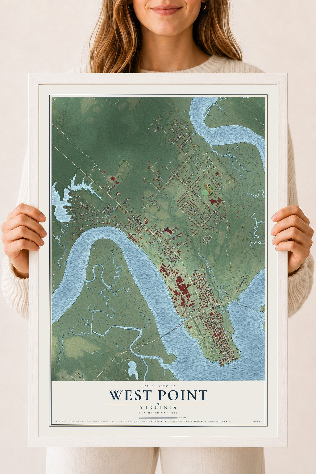 Map of West Point, Virginia, 18 x 24 inch print in a white wood frame