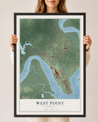 Map of West Point, Virginia, 24 x 36 inch print in a black wood frame