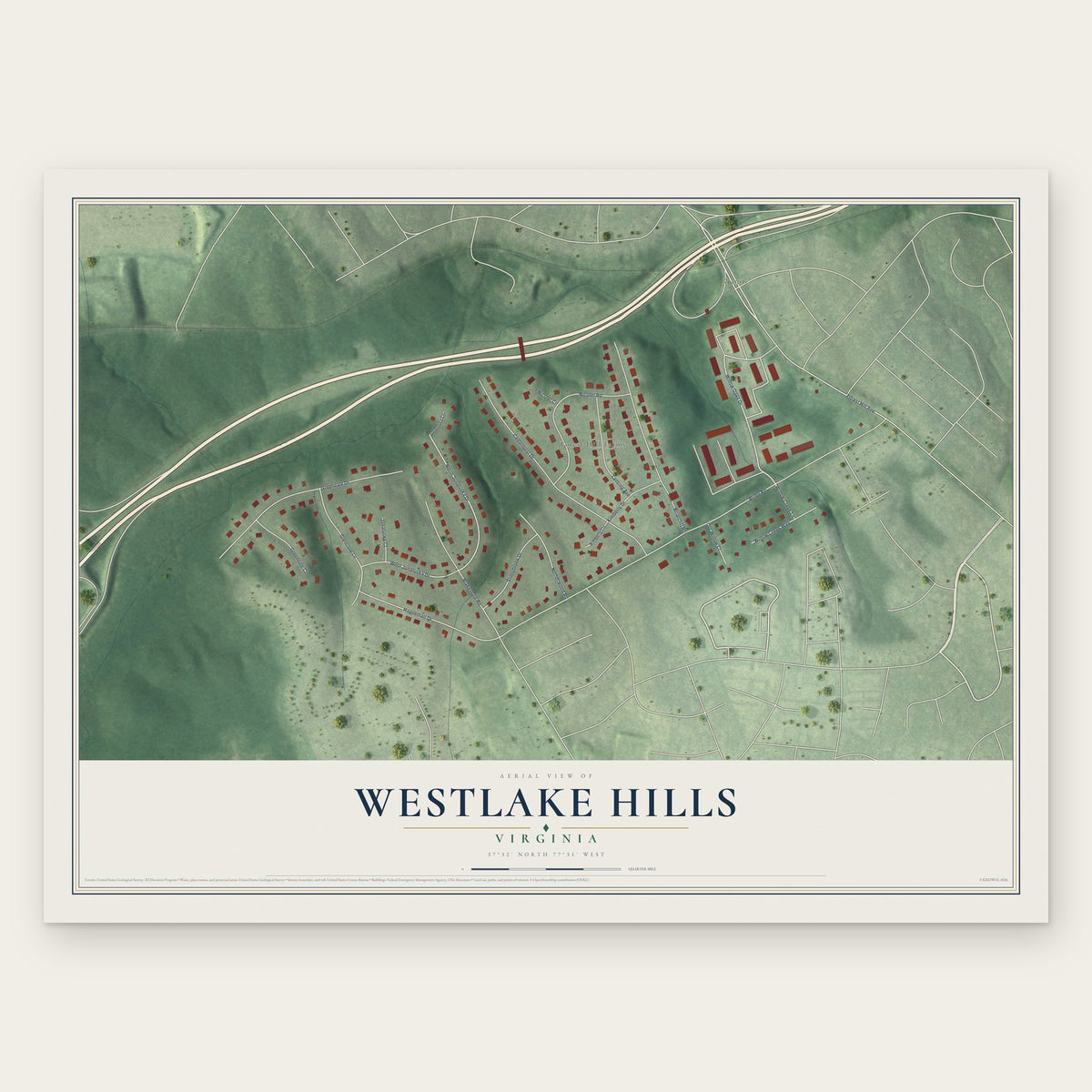 Westlake Hills, Virginia map print, the full design