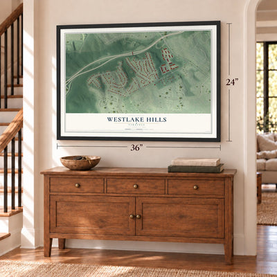 Westlake Hills, Virginia map, 24 x 36 inch print in a black frame above a dresser by a staircase