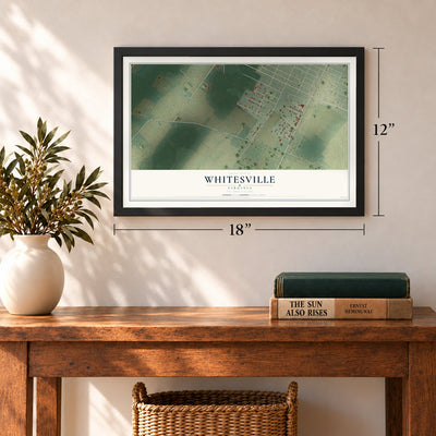 Whitesville, Virginia map, 12 x 18 inch print in a black frame in an entryway