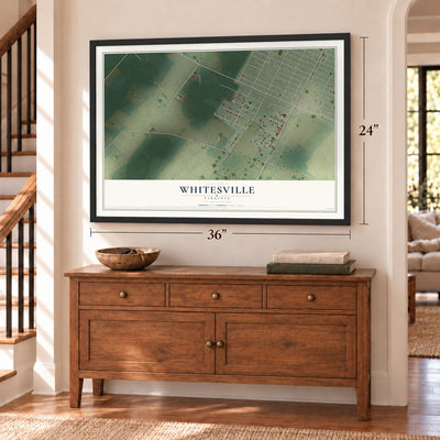 Whitesville, Virginia map, 24 x 36 inch print in a black frame above a dresser by a staircase