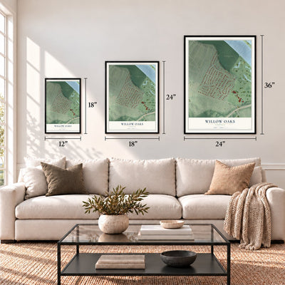 Willow Oaks, Virginia map in 12 x 18, 18 x 24 and 24 x 36 inch sizes above a sofa