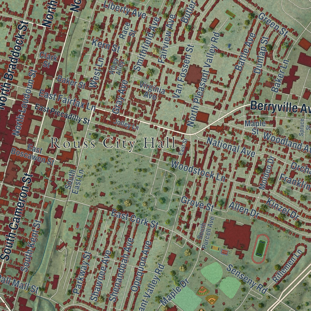 Close-up of the map of Winchester, Virginia print showing street and building detail