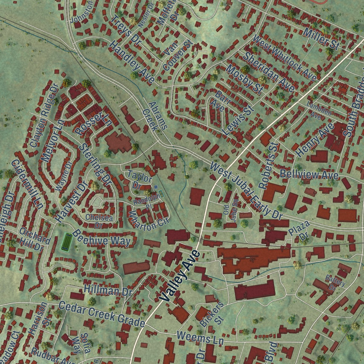 Second close-up of the map of Winchester, Virginia print showing more streets and buildings