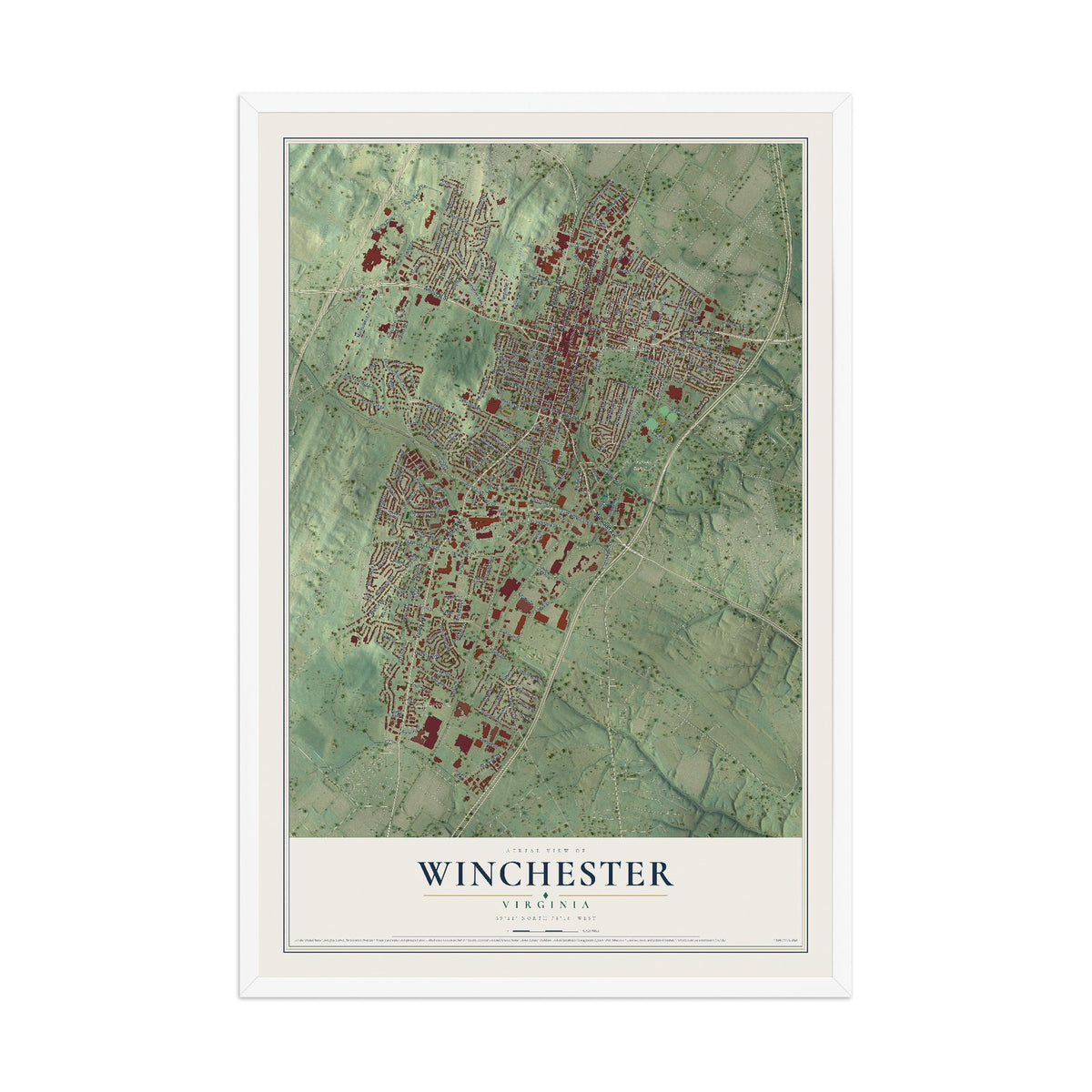 Map of Winchester, Virginia, 12 x 18 inch print in a white wood frame
