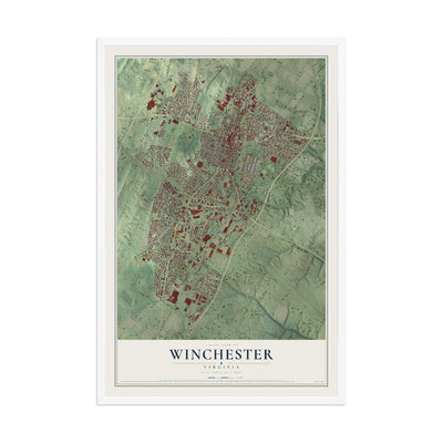 Map of Winchester, Virginia, 12 x 18 inch print in a white wood frame