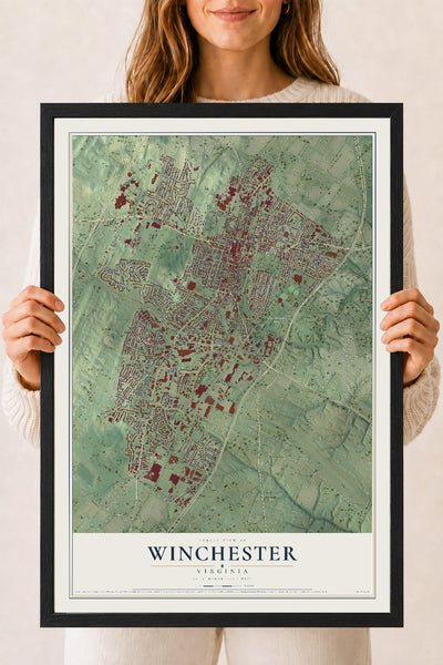 Map of Winchester, Virginia, 18 x 24 inch print in a black wood frame