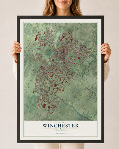 Map of Winchester, Virginia, 24 x 36 inch print in a black wood frame