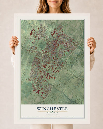 Map of Winchester, Virginia, 24 x 36 inch print in a white wood frame