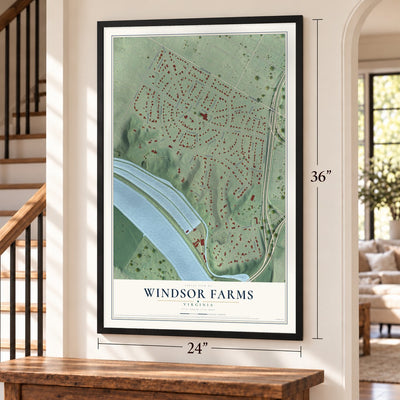 Windsor Farms, Virginia map, 24 x 36 inch print in a black frame by a staircase