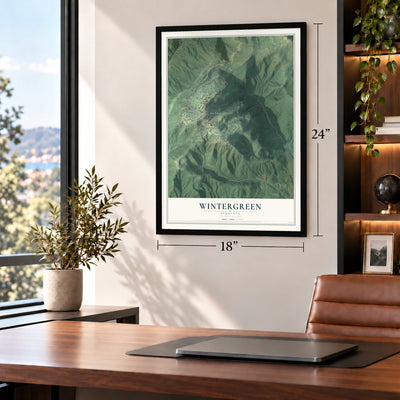 Wintergreen, Virginia map, 18 x 24 inch print in a black frame in a home office
