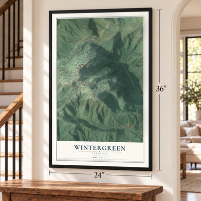 Wintergreen, Virginia map, 24 x 36 inch print in a black frame by a staircase