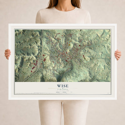 Map of Wise, Virginia, 24 x 36 inch print in a white wood frame