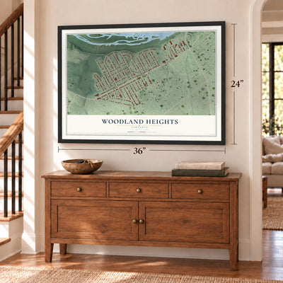 Woodland Heights, Virginia map, 24 x 36 inch print in a black frame above a dresser by a staircase