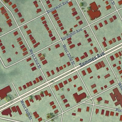 Close-up of the map of Woodland Heights, Virginia print showing street and building detail