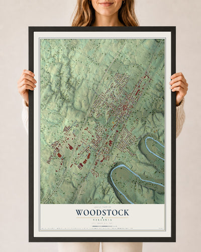 Map of Woodstock, Virginia, 24 x 36 inch print in a black wood frame