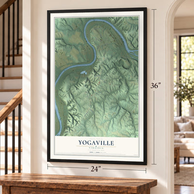 Yogaville, Virginia map, 24 x 36 inch print in a black frame by a staircase