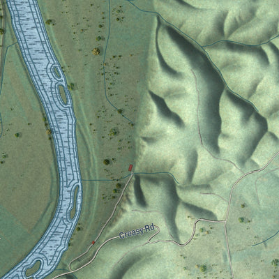 Close-up of the map of Yogaville, Virginia print showing street and building detail