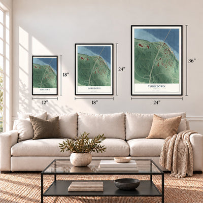 Yorktown, Virginia map in 12 x 18, 18 x 24 and 24 x 36 inch sizes above a sofa