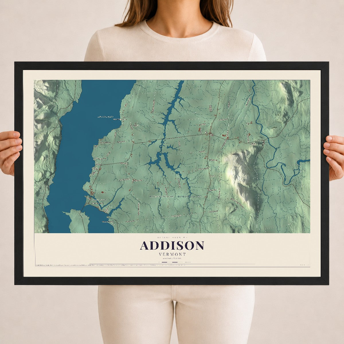 Map of Addison, Vermont, 18 x 24 inch print in a black wood frame