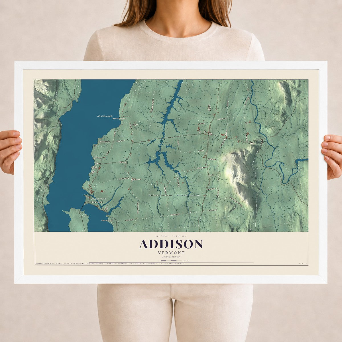 Map of Addison, Vermont, 18 x 24 inch print in a white wood frame